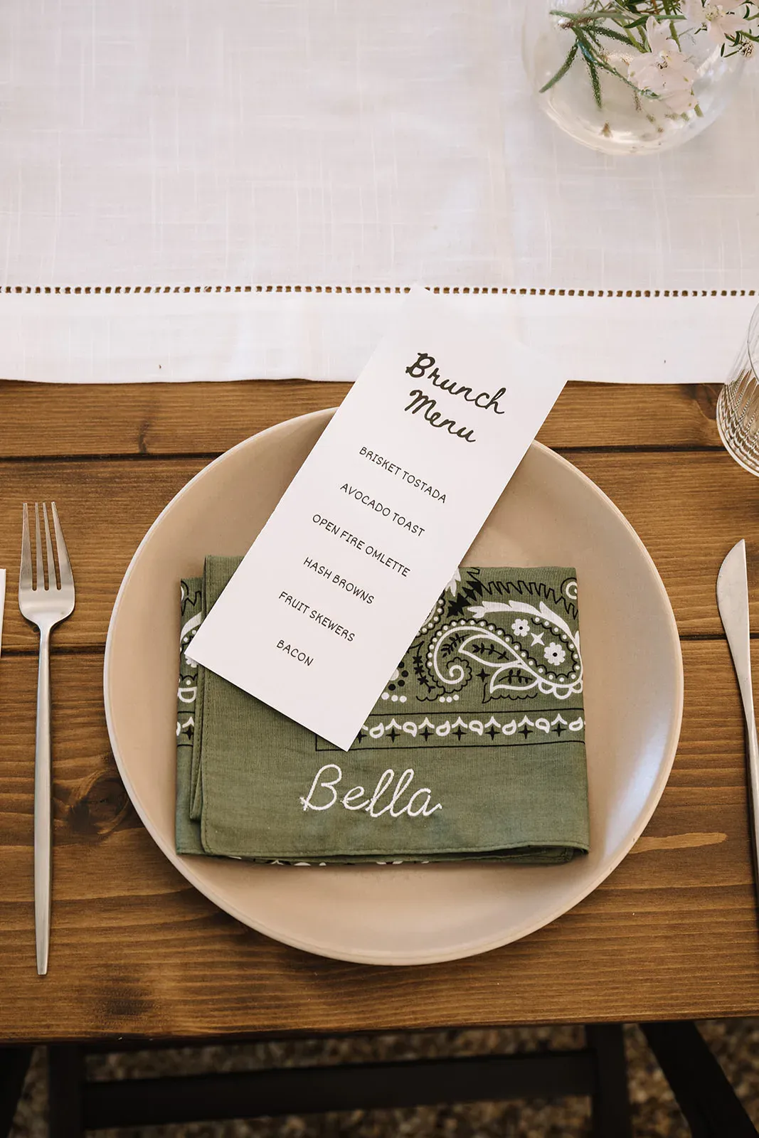 Bandana menu and place setting for a Serana dinner