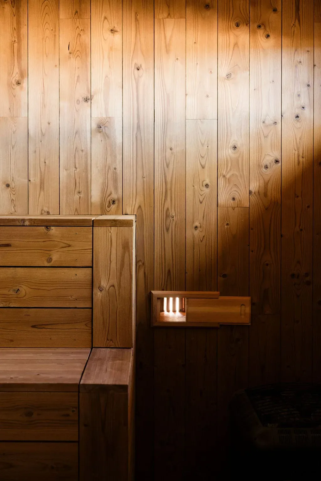 Cedar sauna bench detail inside the Serana spa house
