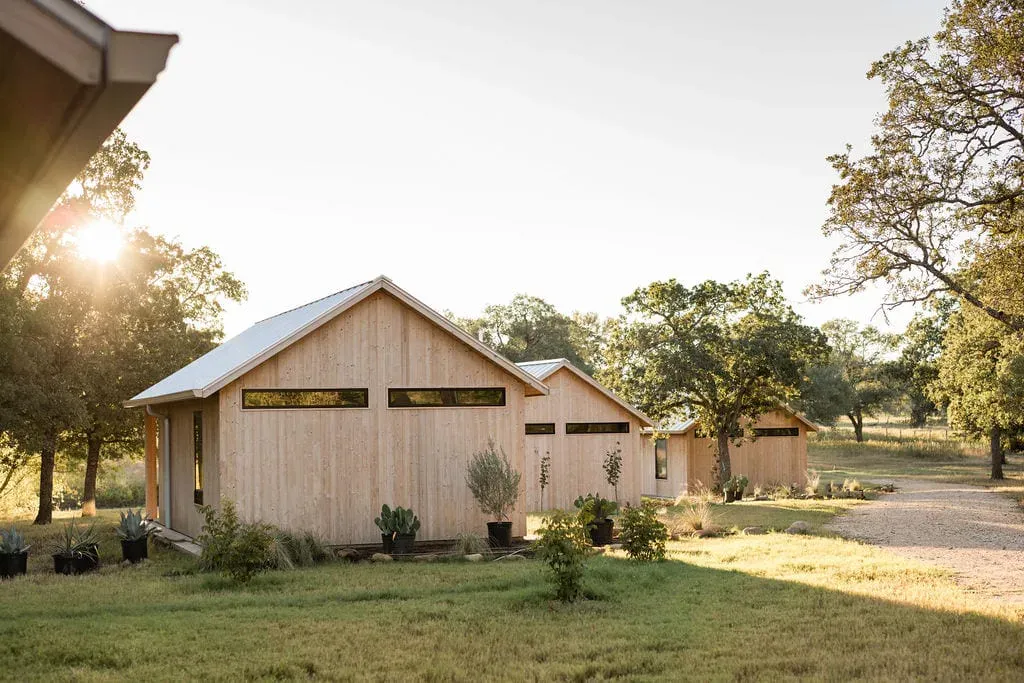Serana lodge and barn exterior on the private retreat property