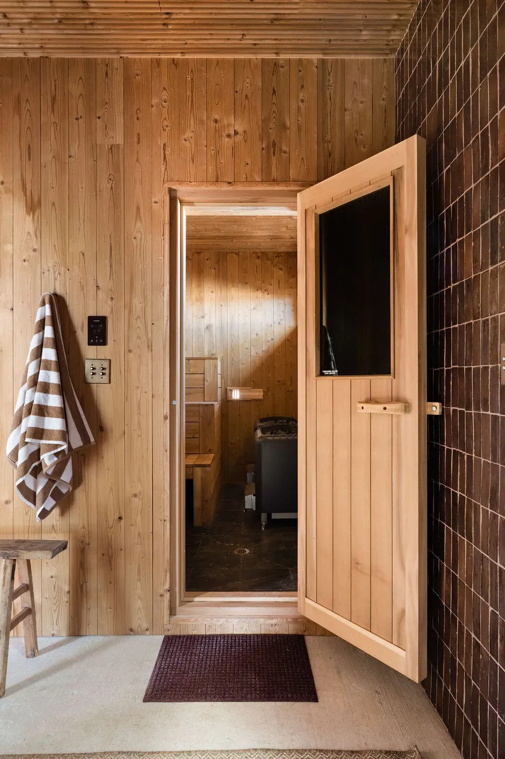 Entry to the cedar sauna inside the Serana spa house